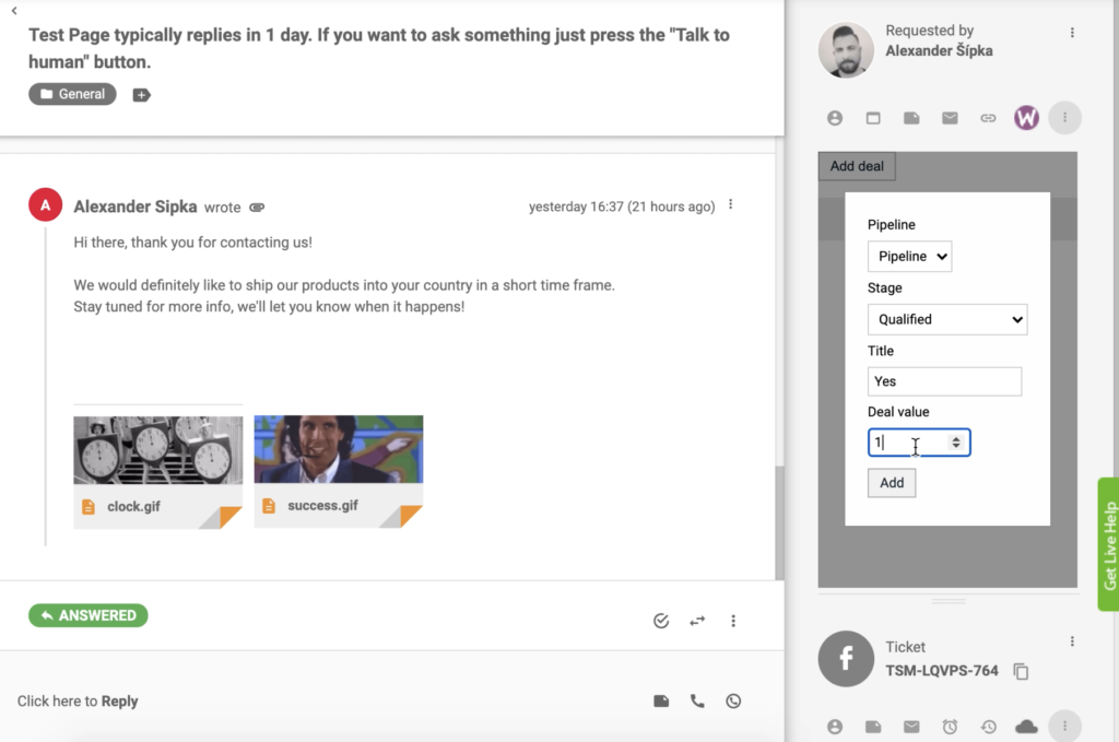 Aggiungi un accordo con l'integrazione PipeDrive CRM nella visualizzazione dei ticket di LiveAgent