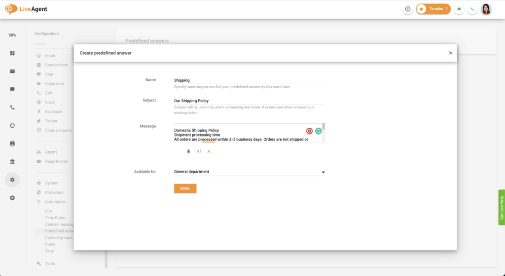 Impostazione delle risposte predefinite in LiveAgent