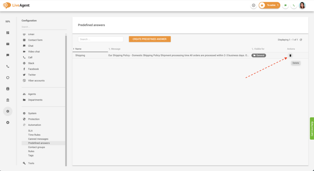 cancella la risposta predefinita in LiveAgent