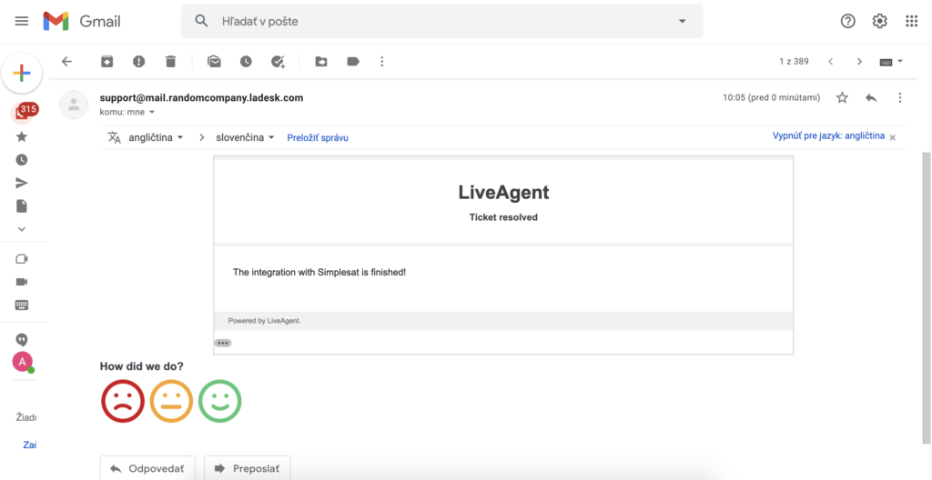 Messaggio di LiveAgent con feedback di Simplesat nella casella di posta Gmail