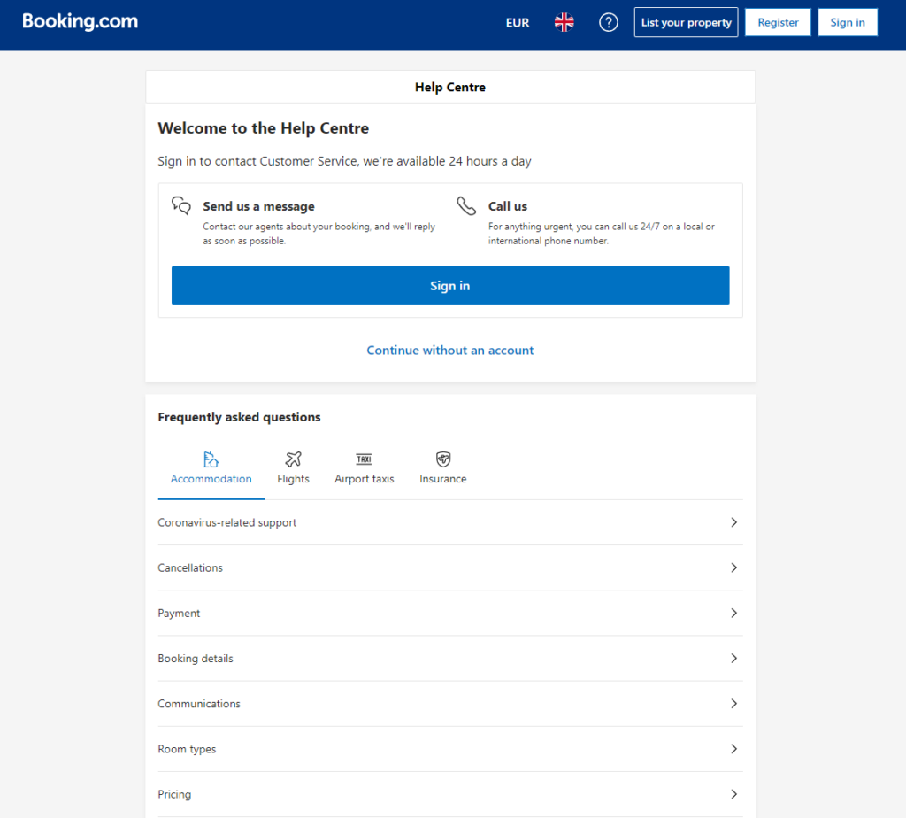 Help center di Booking.com