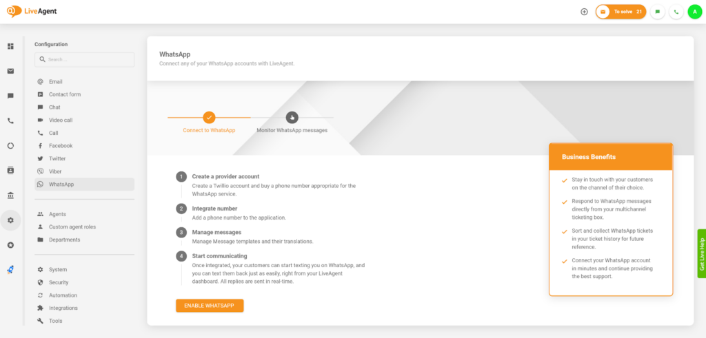 Integrazione di LiveAgent con WhatsApp