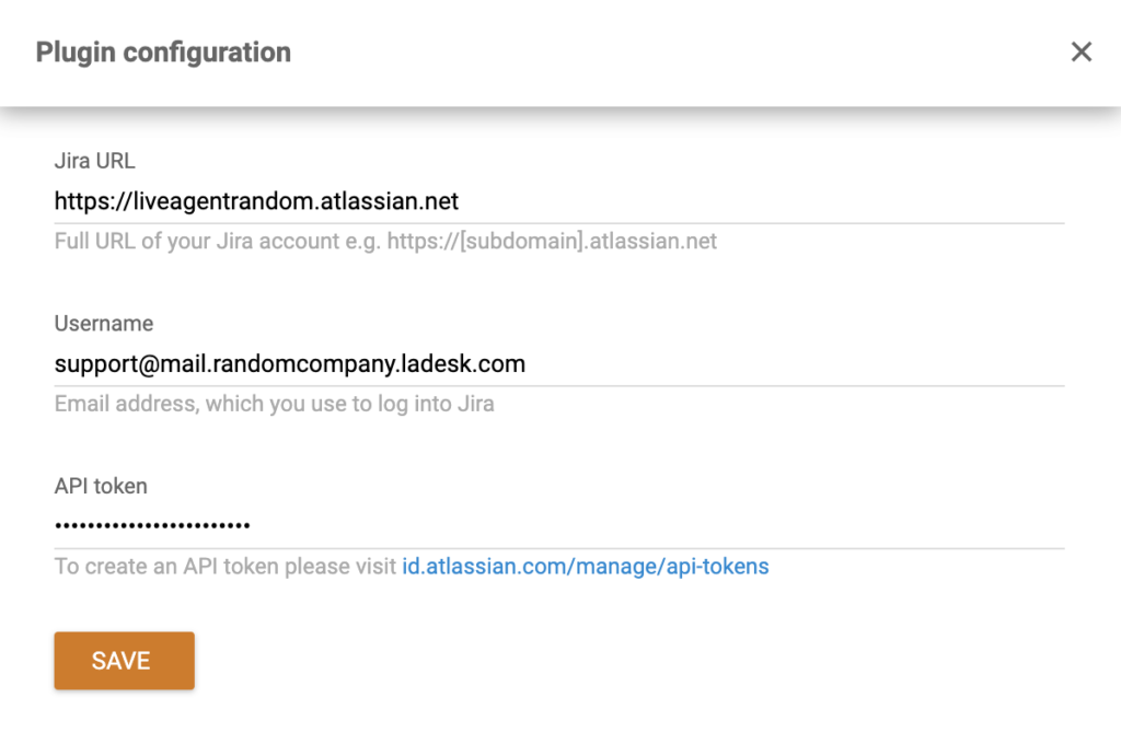 Finestra di configurazione del plugin Jira nelle impostazioni di LiveAgent