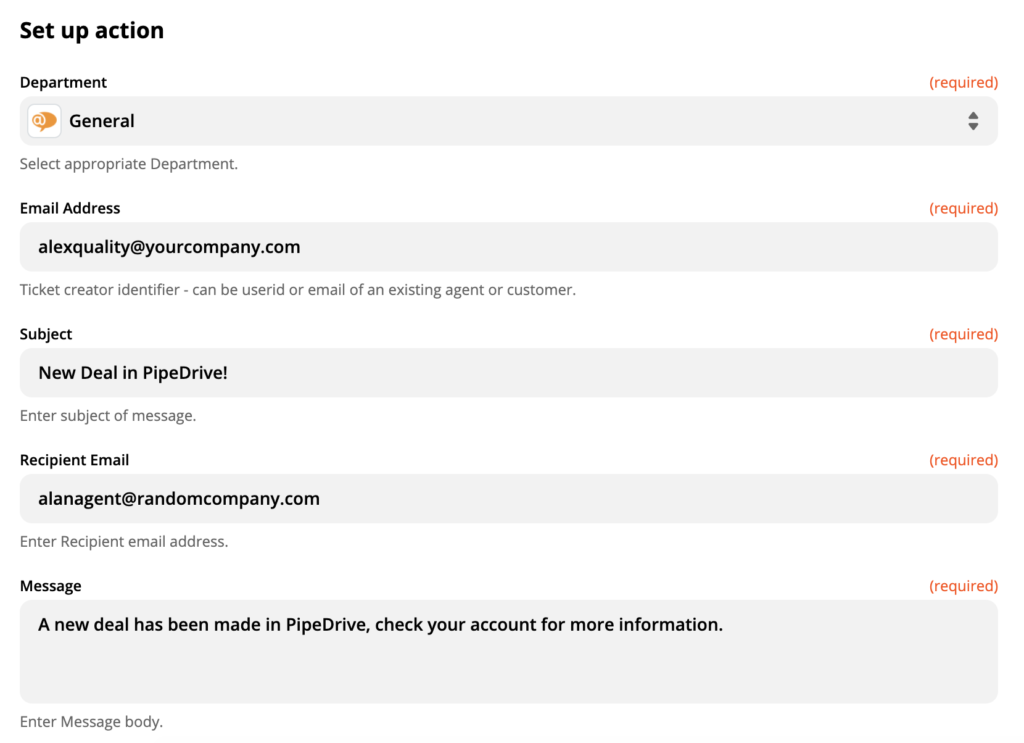 Impostazione dell'azione LiveAgent nel processo di integrazione con PipeDrive su Zapier