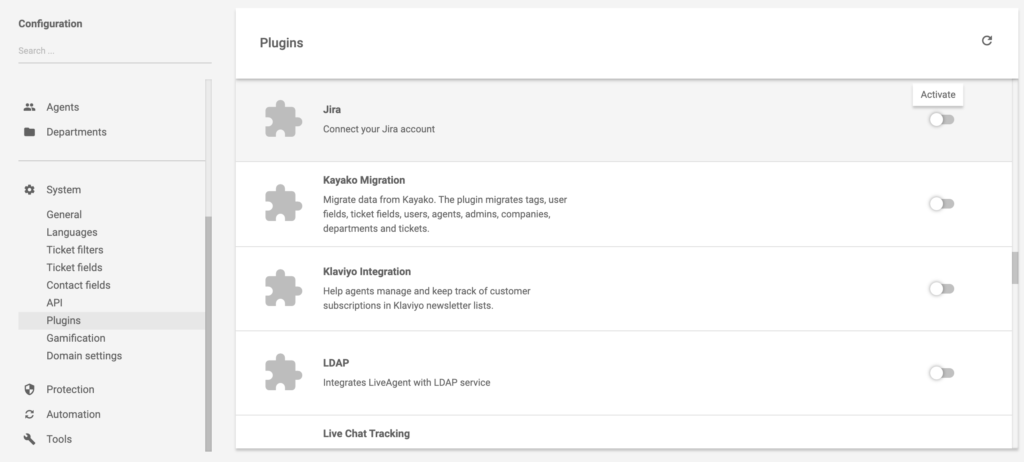 Dove trovare il plug-in Jira nelle impostazioni di LiveAgent