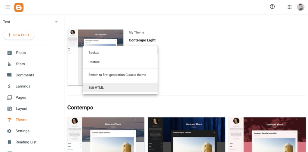 Modifica l'opzione HTML nelle impostazioni del tema di Blogger