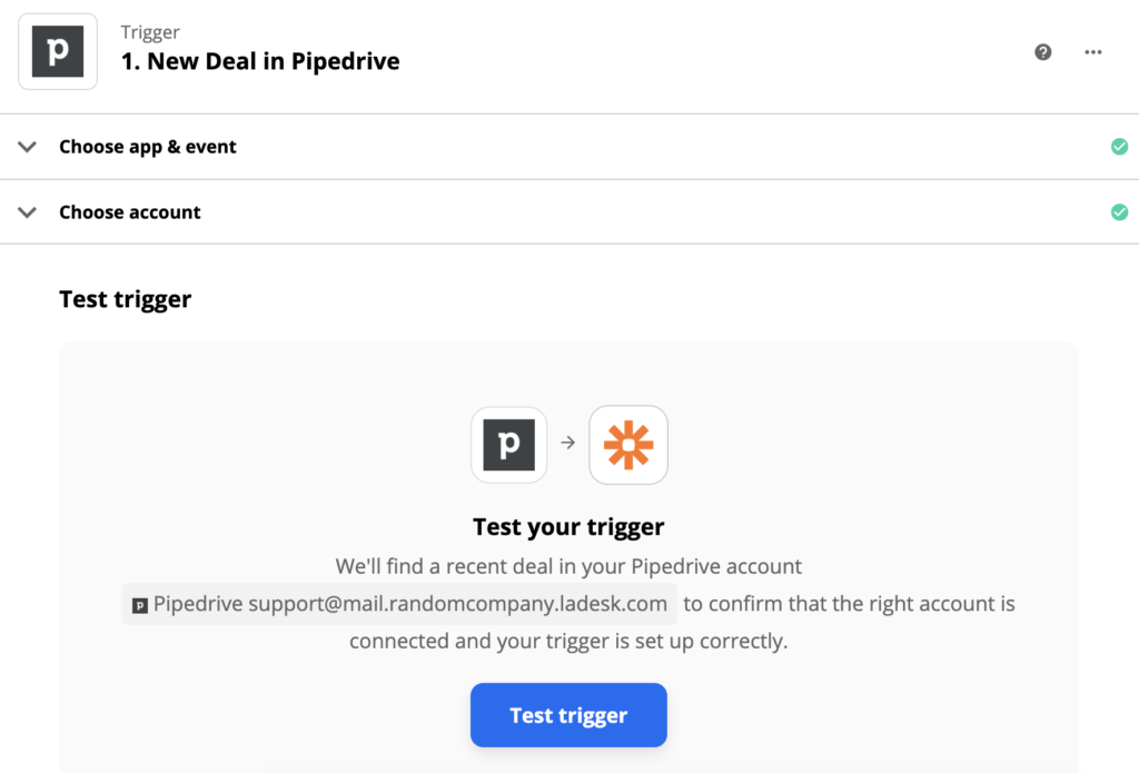 Test del trigger di PipeDrive dopo l'impostazione del trigger su Zapier